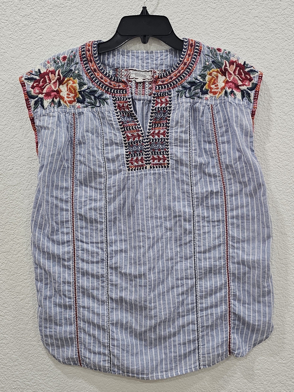 Johnny Was Workshop Blouse Womens S Blue Striped Floral Embroidered Boho Top